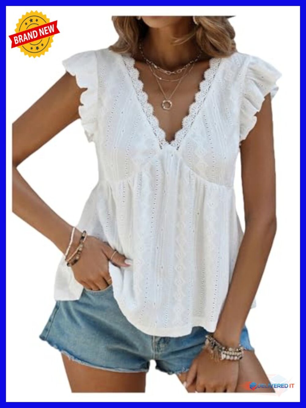 Ruffle Eyelet Tank Top Blouse Flowy Peplum Cap Sleeve Summer V-Neck